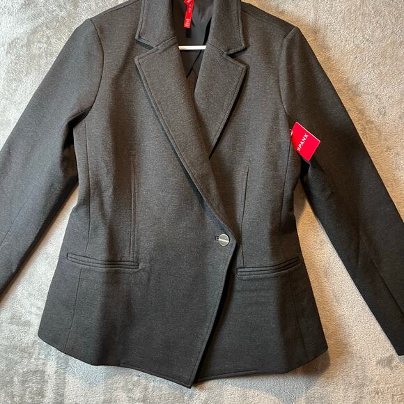 Spanx Perfect Asymmetrical Tailored Blazer Charcoal Heather Ponte Sz Medium New - Picture 2 of 7